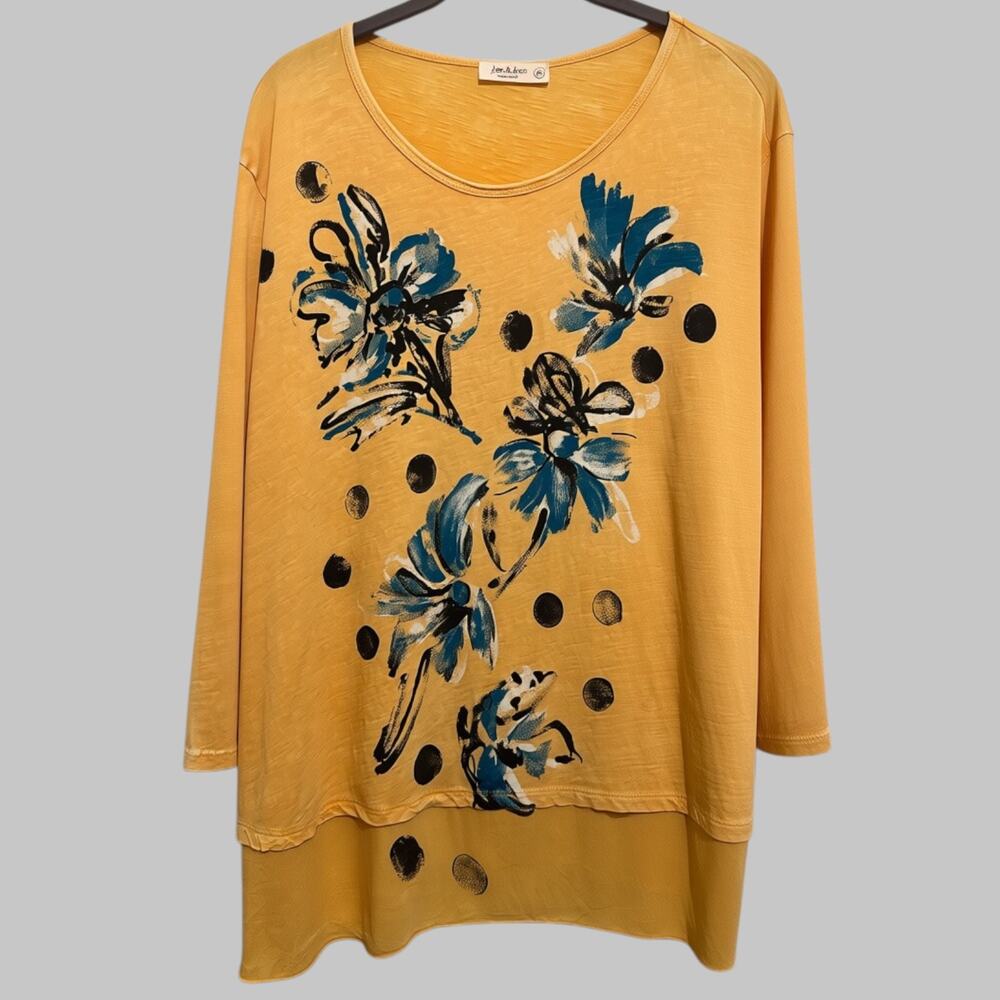 Jess & Jane Mineral Mineral Washed Yellow Floral Cotton Slub Tunic Top Artsy XL
